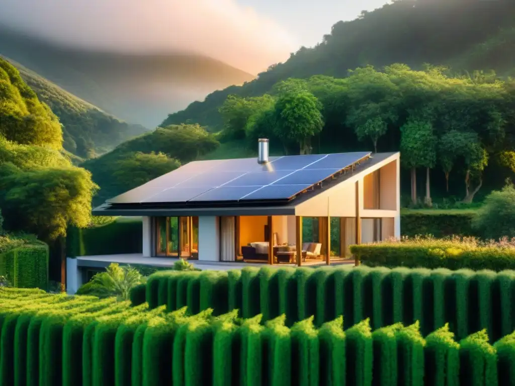 Hogar sostenible con paneles solares, rodeado de vegetación, bañado por luz dorada al atardecer, destacando su diseño ecoeficiente