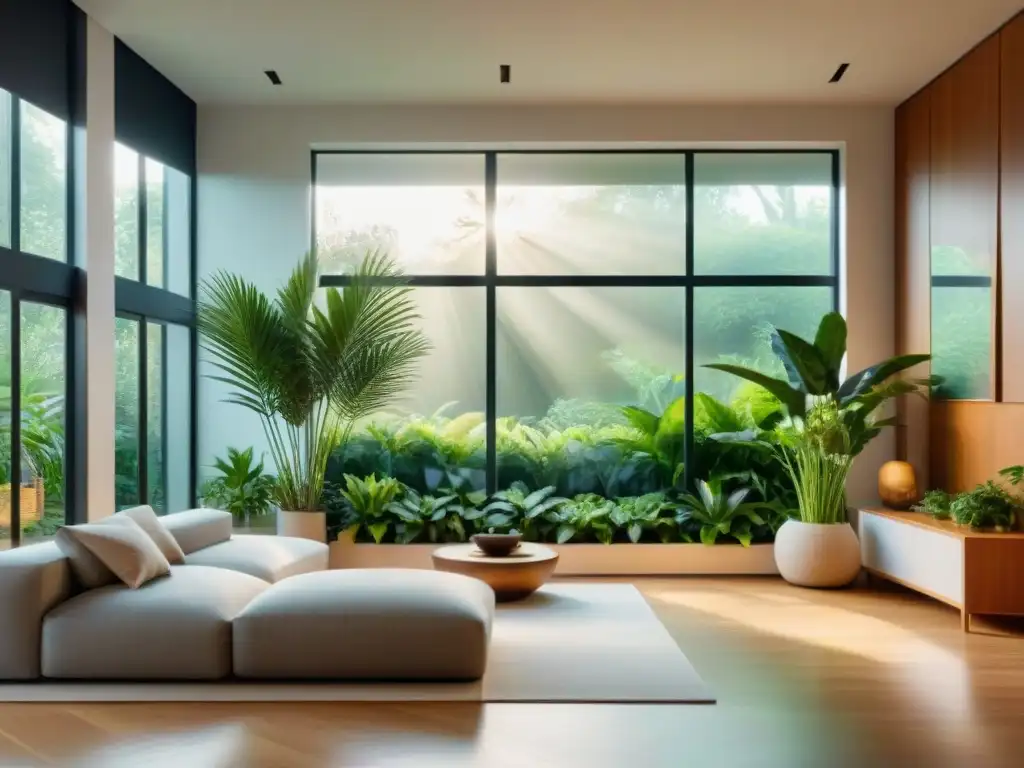 Hogar sostenible con plantas verdes, luz natural y aire fresco para mejorar la calidad del aire en casa