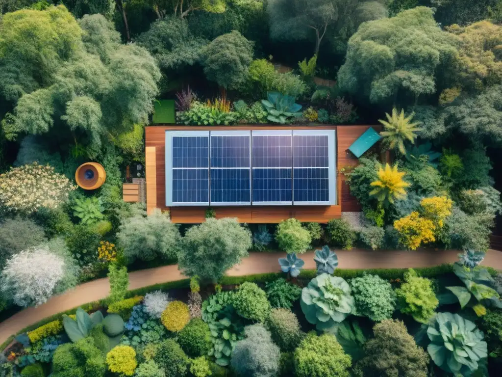 Hogar sostenible rodeado de naturaleza, con paneles solares, jardín de captación de lluvia y plantas nativas