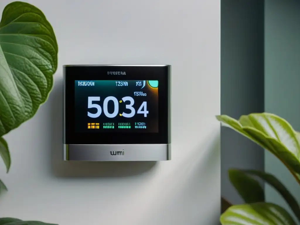 Un hogar sostenible: termostato inteligente en una sala acogedora con muebles eco y plantas verdes