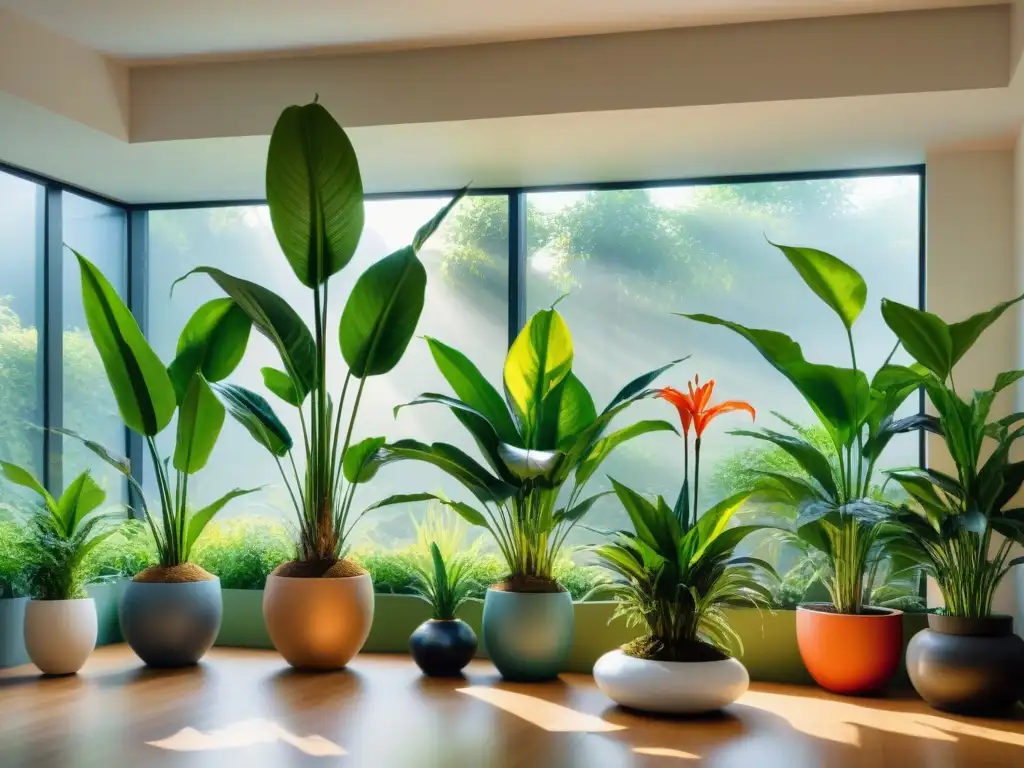 Un hogar sostenible con un jardín interior vibrante y exuberante, lleno de plantas purificadoras de aire que mejoran la calidad del ambiente