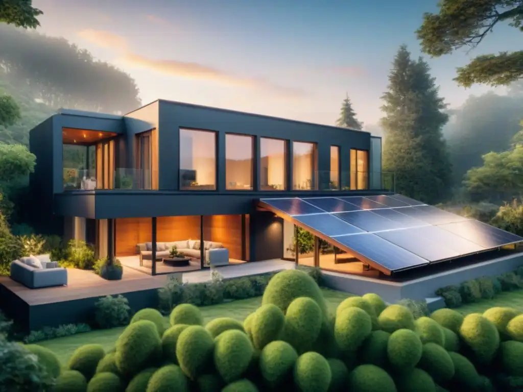 Hogar verde inversión inteligente: moderna casa ecológica con paneles solares, jardín exuberante y diseño sostenible en armonía con la naturaleza