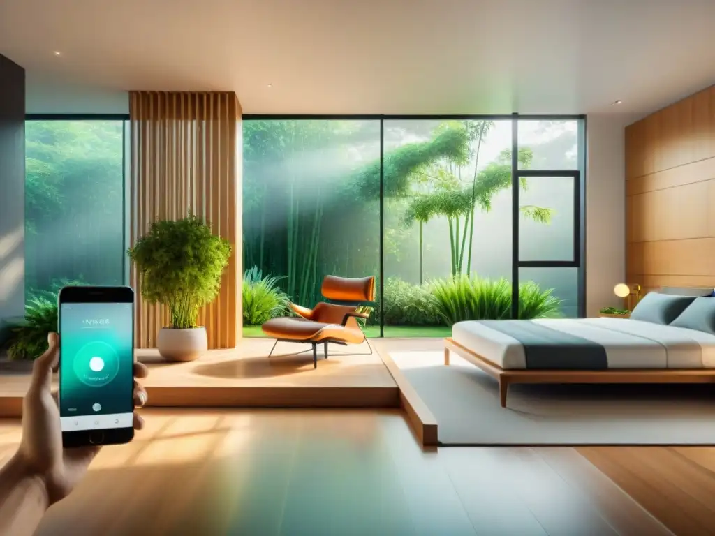 Un hogar verde moderno, lleno de tecnología, con aplicaciones para hogar verde móvil controlando todo, iluminado por luz natural