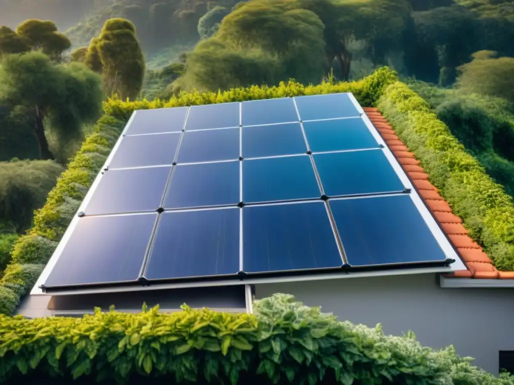 Un hogar verde sostenible con paneles solares brillantes en el techo rodeado de exuberante vegetación