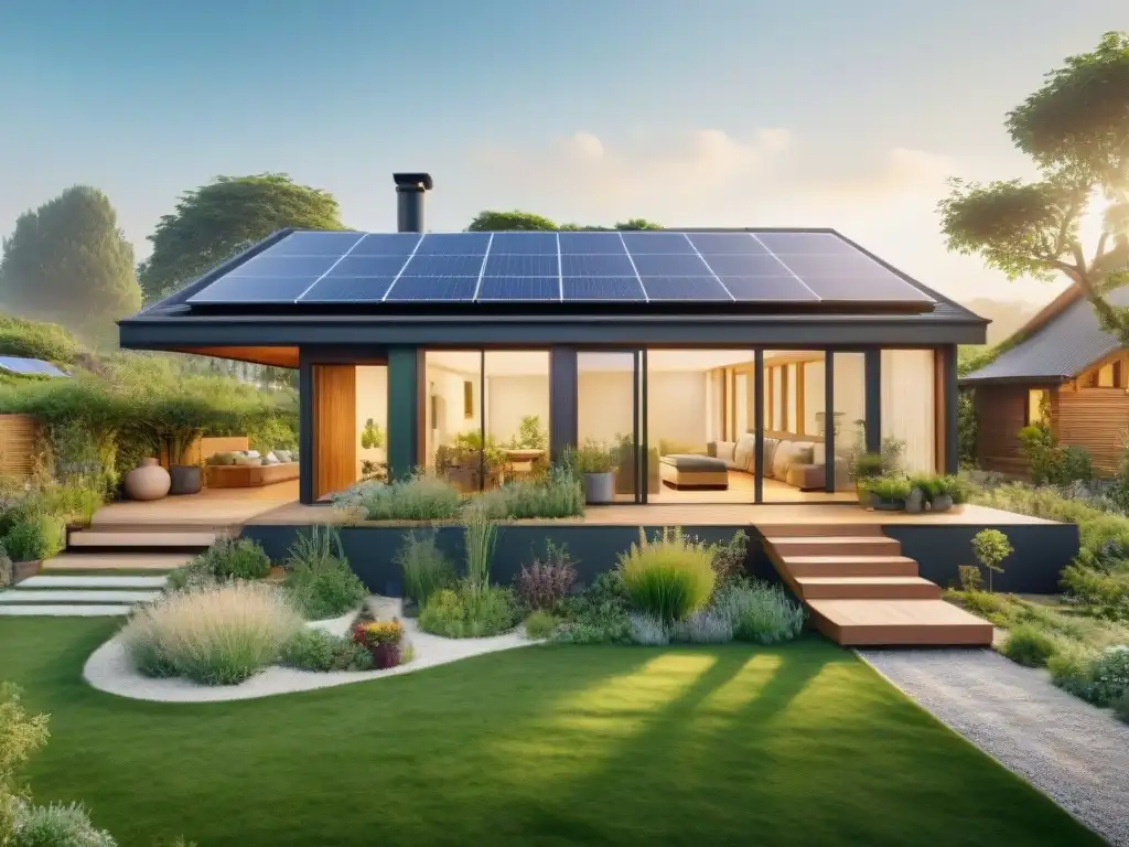 Un hogar verde sostenible rodeado de naturaleza exuberante, con paneles solares y jardín eco