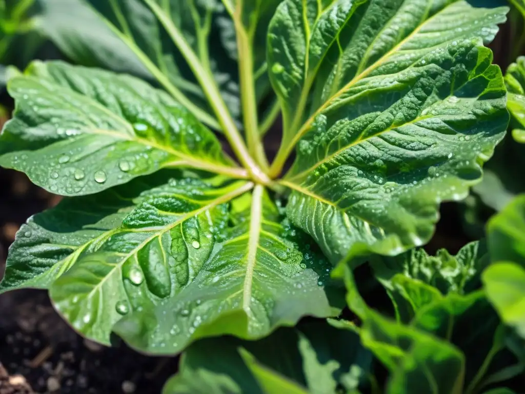 Jardín urbano: Lettuce fresca y vibrante en detalle Hoja de lechuga vibrante en huerto urbano, luz solar y frescura