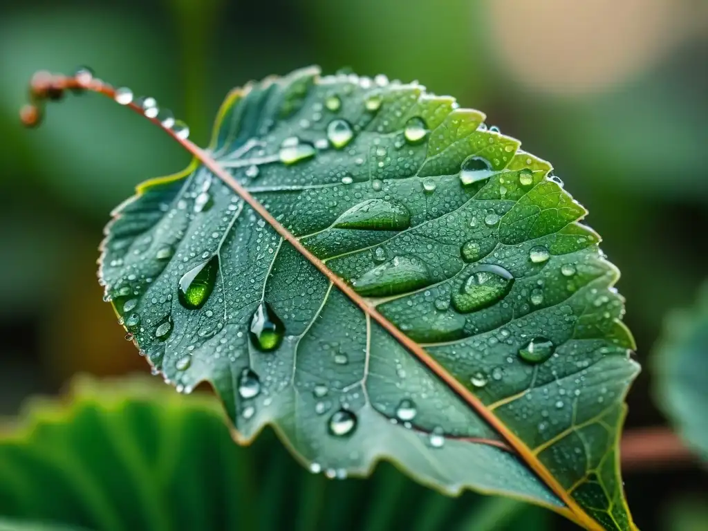 Hoja verde con gotas de agua: detalle impresionante de una planta bajo técnicas de riego sostenible en jardín