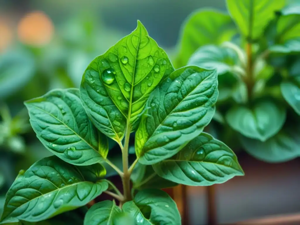 Hojas de albahaca en jardín comestible sostenible, brillantes con gotas de agua bajo luz suave