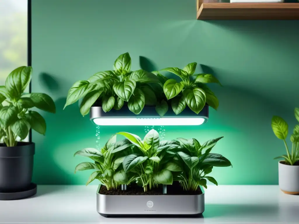 Hojas de albahaca verde vibrante en un jardín inteligente Click and Grow, destacando la innovación y los mejores gadgets hogar ecológico