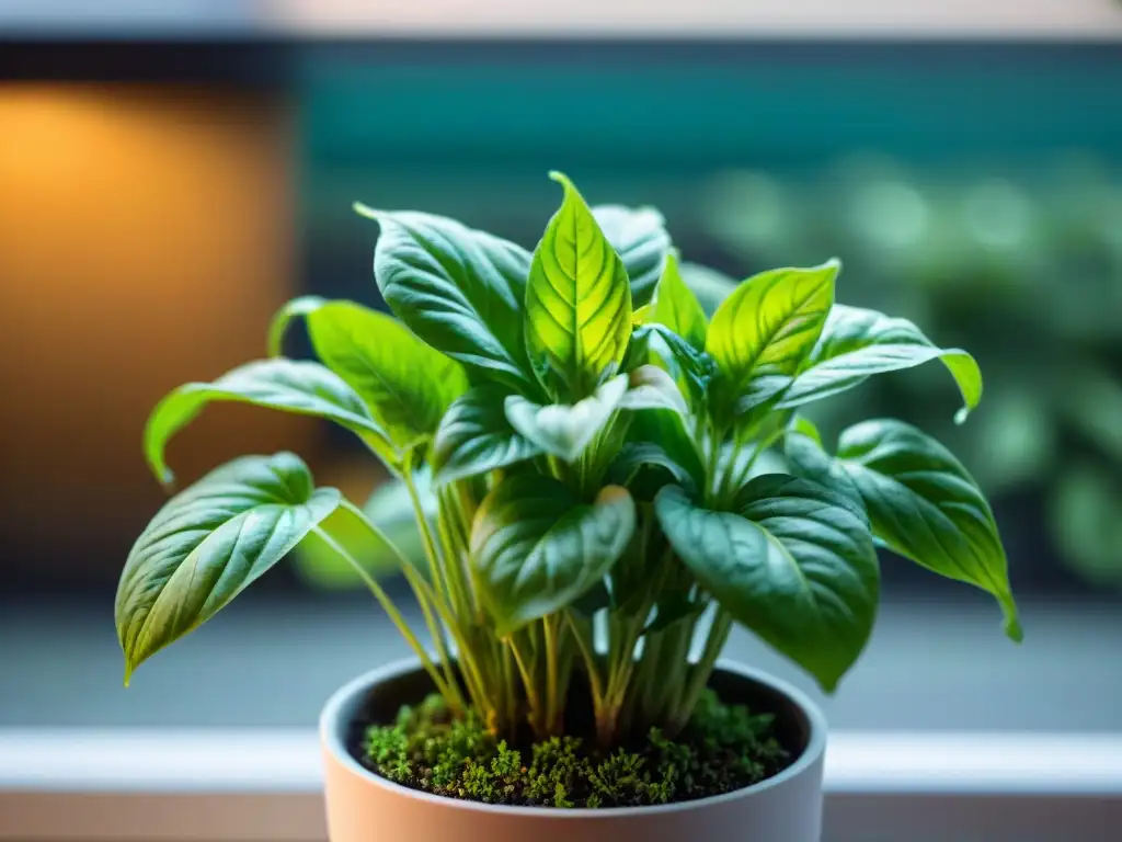 Hojas de albahaca verde vibrante iluminadas por lámpara de cultivo, detalle de huerto urbano interior con crecimiento saludable