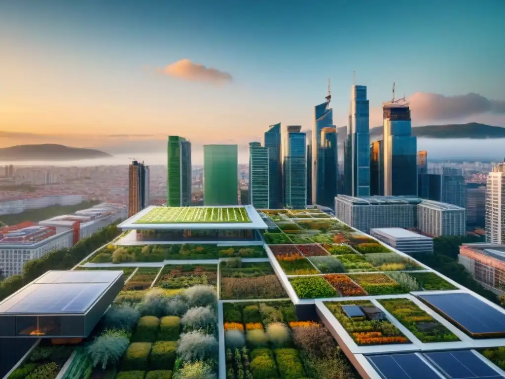 Horizonte de ciudad futurista con edificios verdes y normativas construcción verde gobiernos