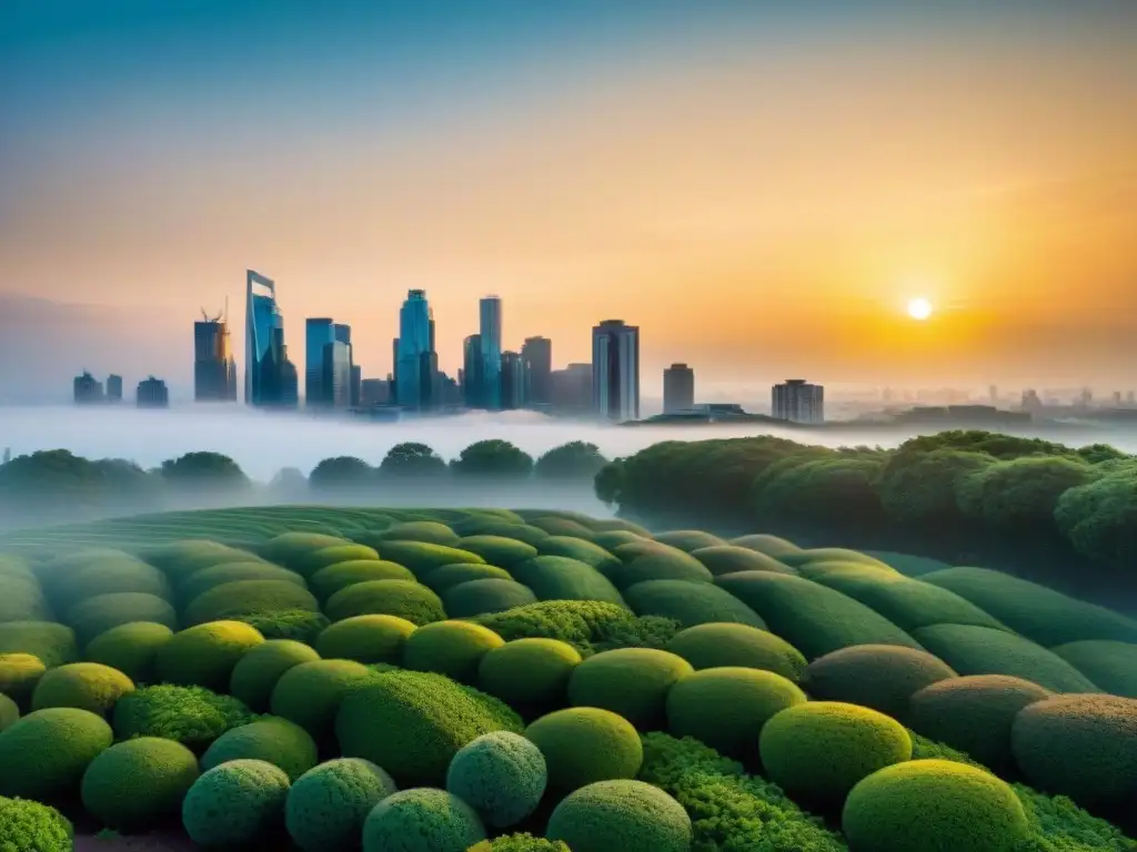 Horizonte urbano moderno con edificios verdes y diseño sostenible al atardecer