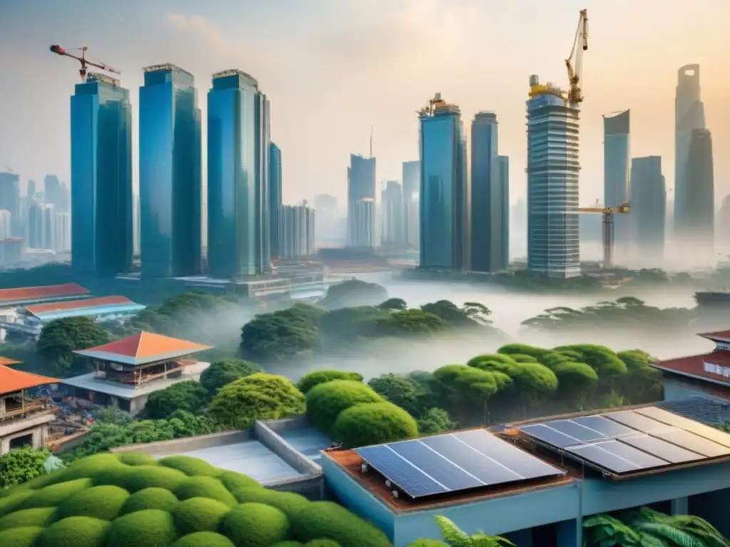 Un horizonte urbano en Asia muestra construcción sostenible y arquitectura moderna con huella ecológica, normativas y trabajadores