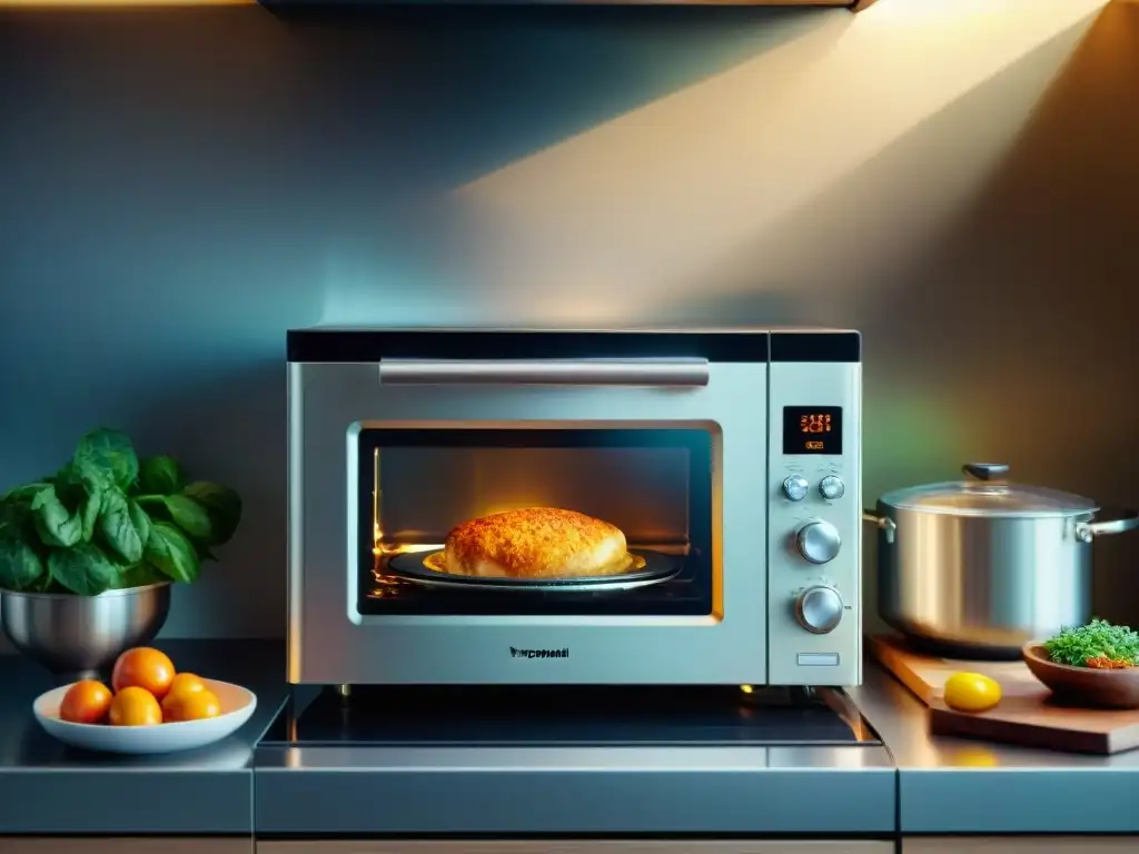 Comparación de horno tradicional y microondas moderno en cocina eficiente en energía sostenible