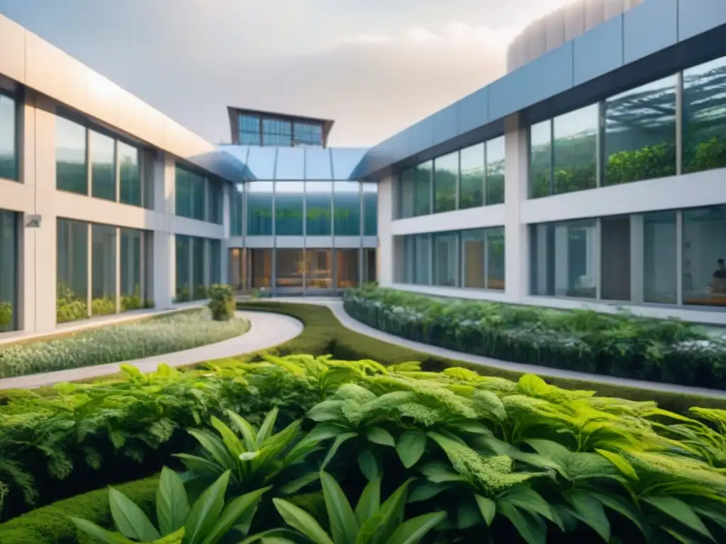 Un hospital moderno y sostenible rodeado de vegetación, con paneles solares y grandes ventanales