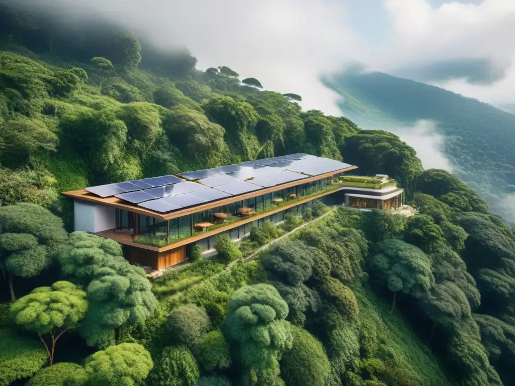 Un hotel ecológico del futuro integrado en un exuberante bosque, con paneles solares y techos verdes