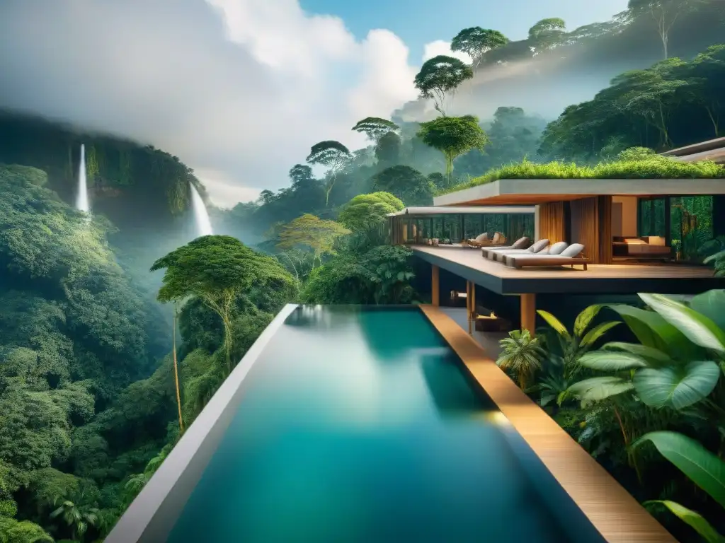 Un hotel ecológico de lujo mundial integrado en la exuberante selva tropical, con diseño sostenible y vistas panorámicas