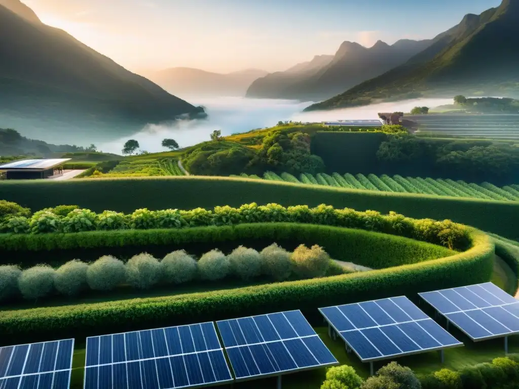 Hotel ecológico en paisaje verde con paneles solares y turismo sostenible hoteles ecoinnovación