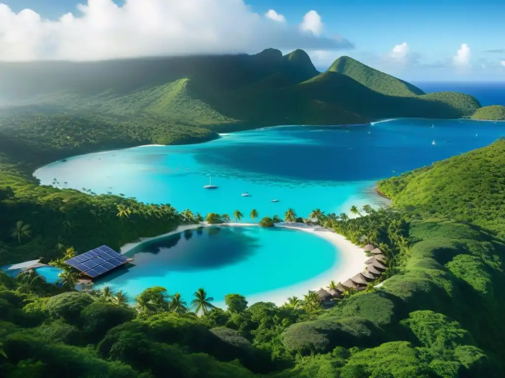 Un hotel de lujo en el Caribe rodeado de exuberante vegetación tropical, con paneles solares brillando bajo el sol en sus techos