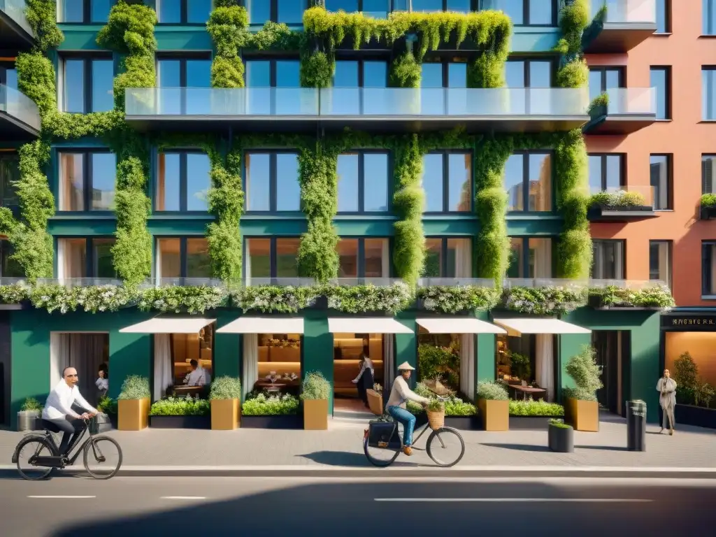 Un hotel sostenible en una ciudad europea: paneles solares, paredes verdes y turistas disfrutando de la ciudad