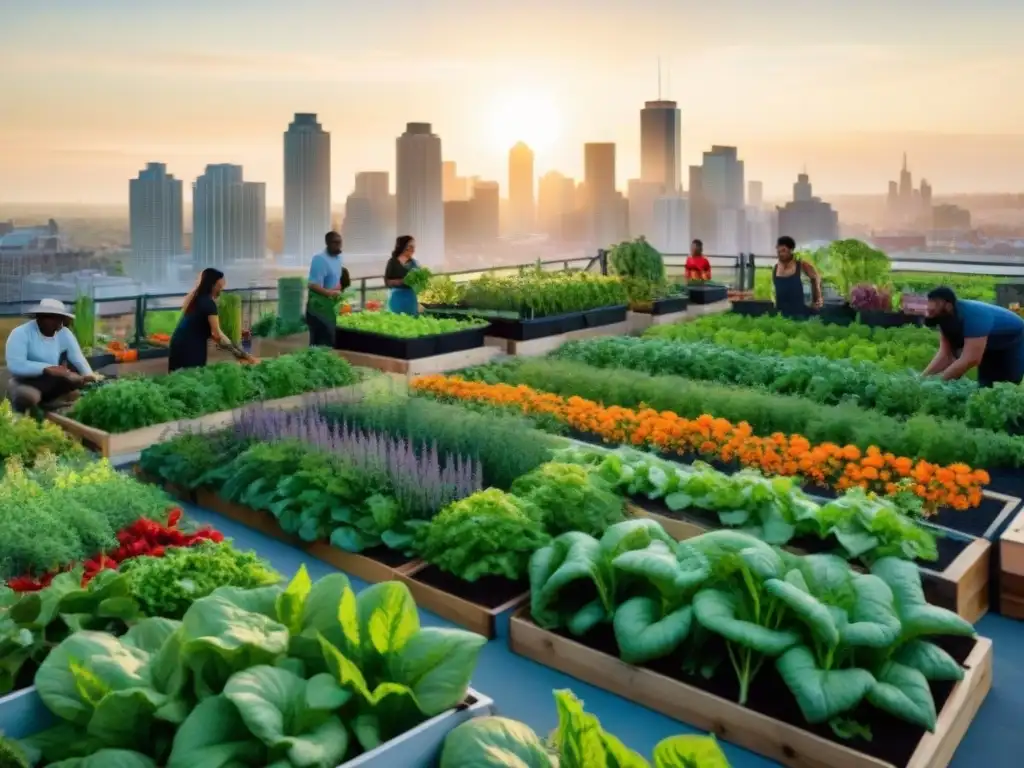 Un huerto urbano bullicioso con prácticas sostenibles, comunidad diversa y vegetales coloridos al atardecer