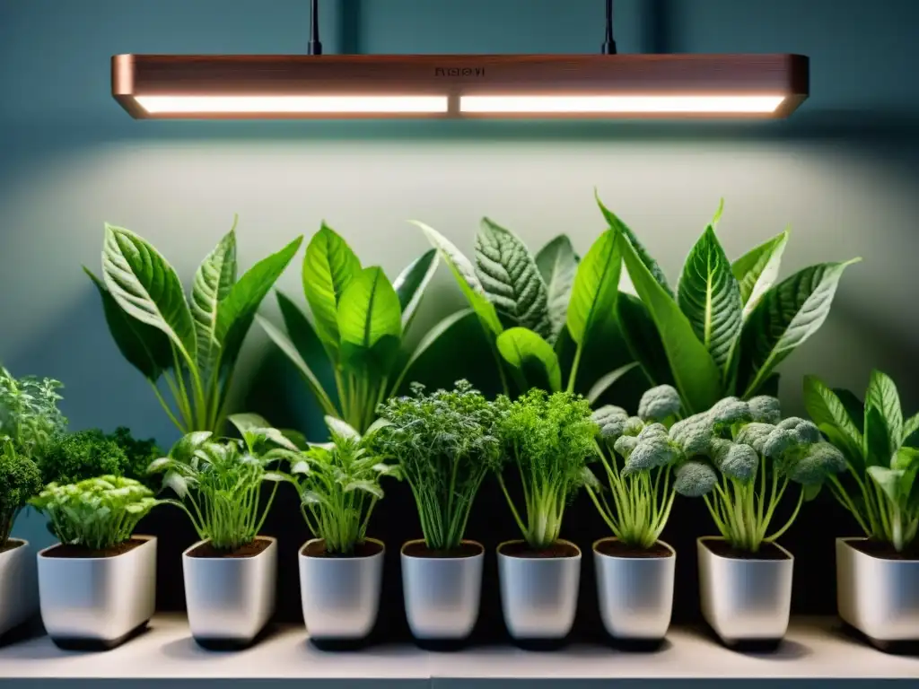 Huerto urbano interior con crecimiento saludable de vegetales y hierbas bajo luz LED sofisticada