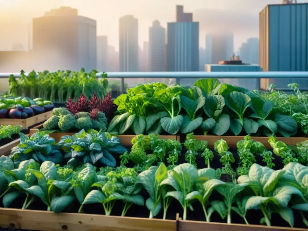 Un huerto urbano tecnológico donde agricultores usan gadgets para cultivar, rodeados de rascacielos al atardecer