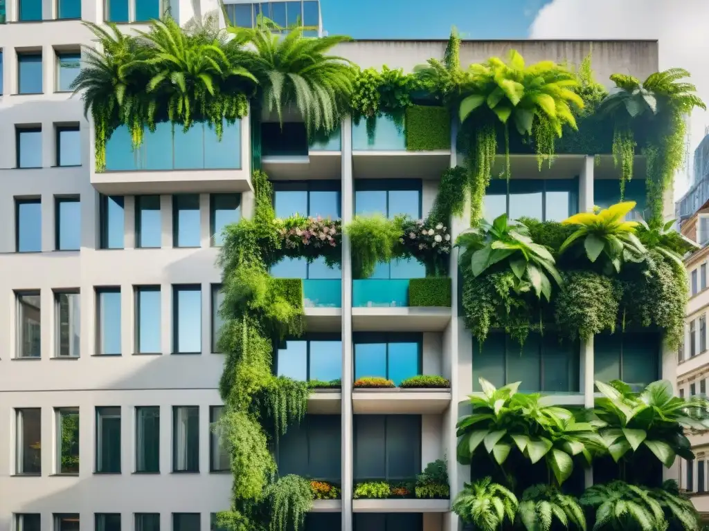 Huertos verticales en edificios urbanos: red de vegetación exuberante en fachada moderna, juego de luz y sombra, personas cuidando plantas