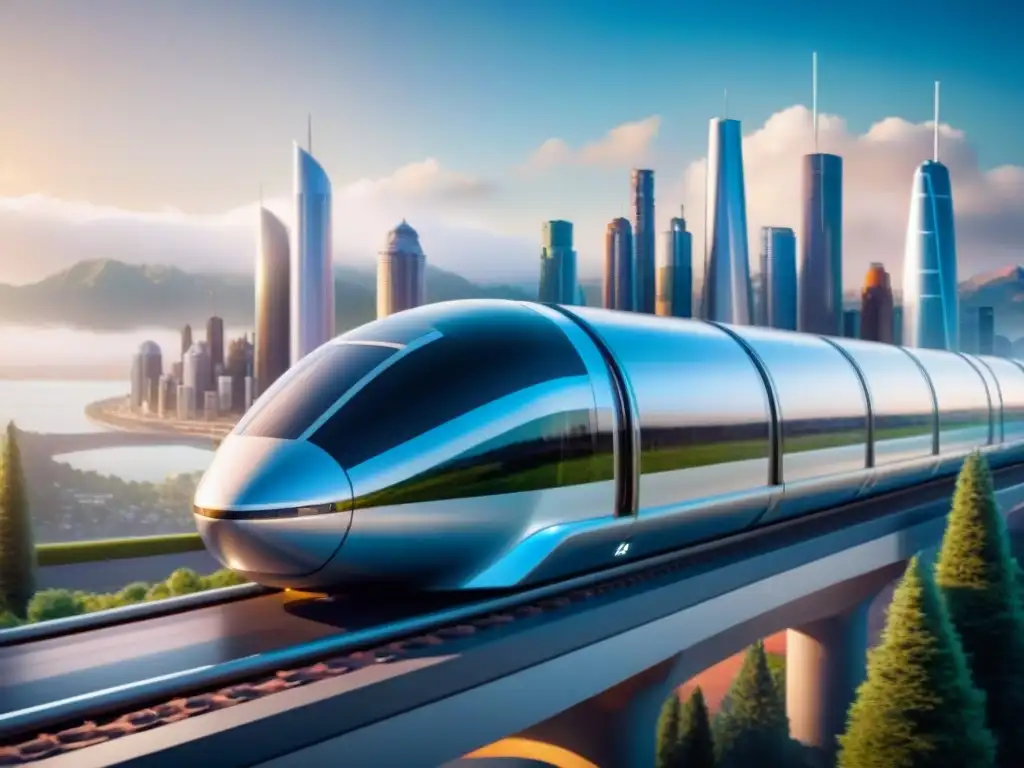 Hyperloop futurista en ciudad sostenible Un Hyperloop futurista surca una ciudad vibrante con tecnologías disruptivas de transporte sostenible