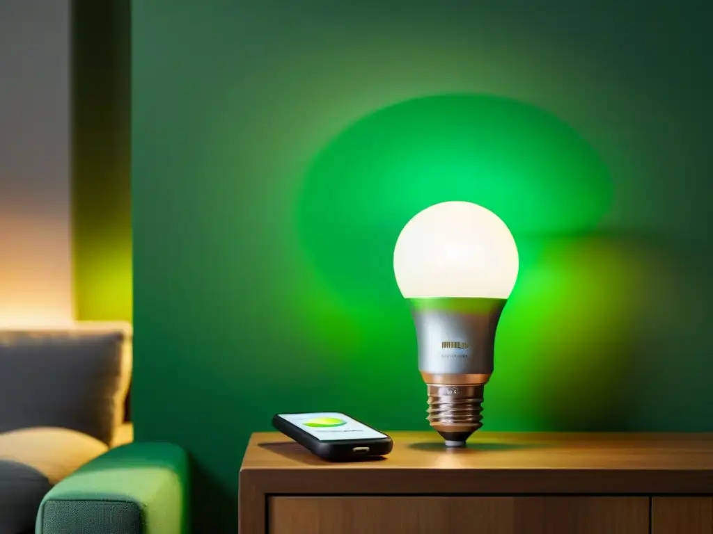 Una imagen detallada de una bombilla inteligente Philips Hue iluminando en tonos verdes, en un hogar sostenible y moderno