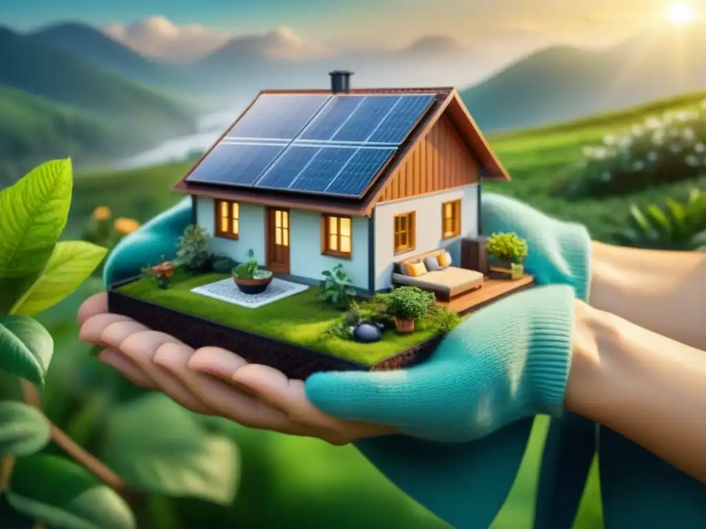 Imagen detallada de hogar ecológico con paneles solares, jardín verde, reciclaje y reducción huella ecológica hogar