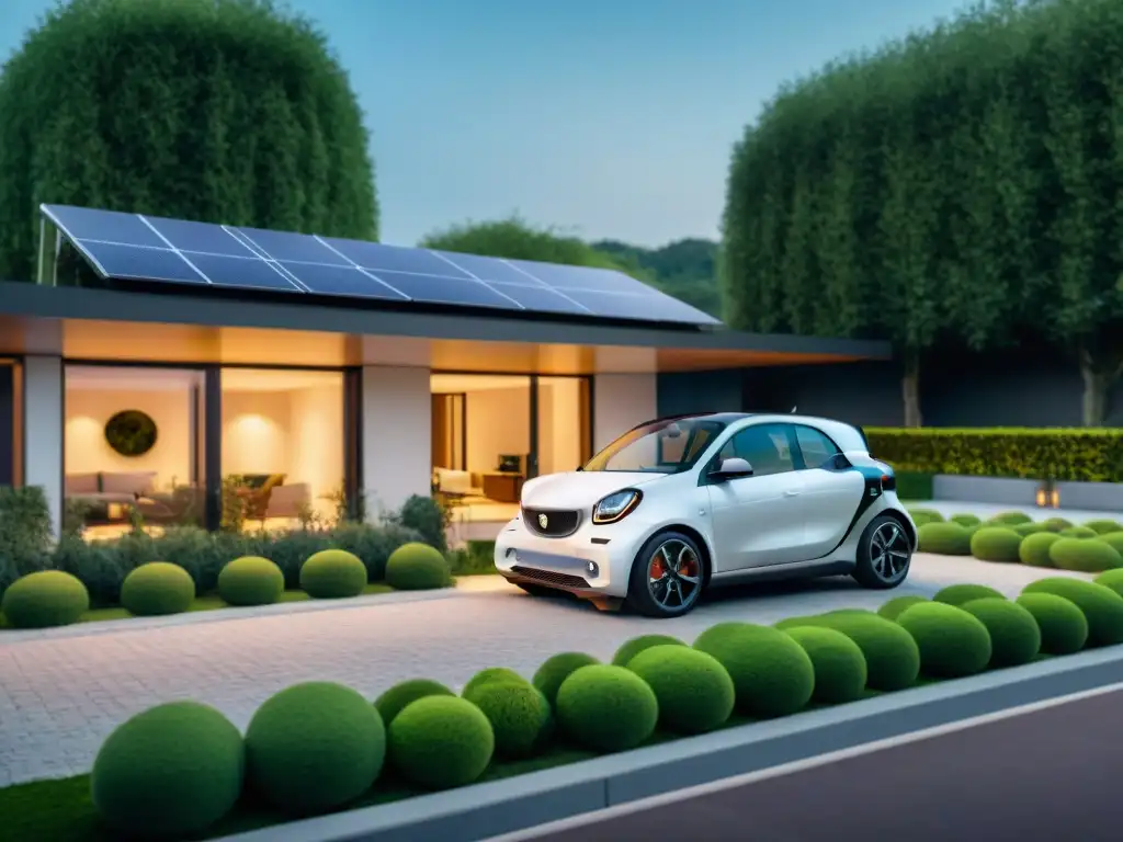 Imagen de hogar inteligente sostenible con paneles solares, auto eléctrico y jardín verde