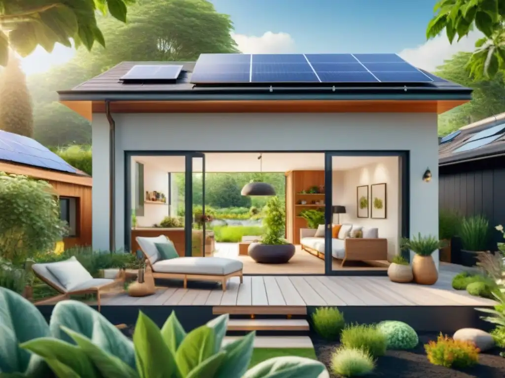 Imagen de un hogar verde sostenible con paneles solares, jardín exuberante y familia en patio ecológico