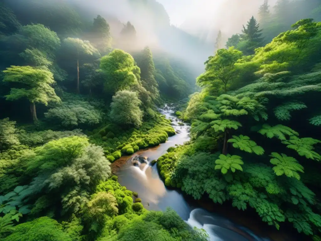 Imagen impactante de un bosque verde exuberante, con diversa flora y fauna