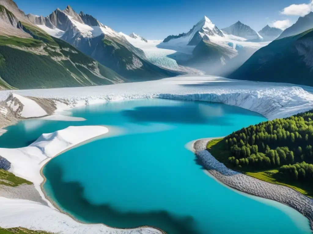 Imagen impactante de un glaciar derritiéndose en los Alpes Europeos, resaltando la urgencia de normativas sostenibilidad combate cambio climático