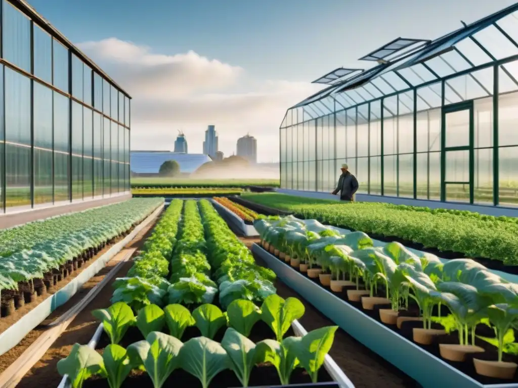 Una imagen impactante de un invernadero sostenible integrado en un edificio urbano, con agricultores felices cuidando los cultivos