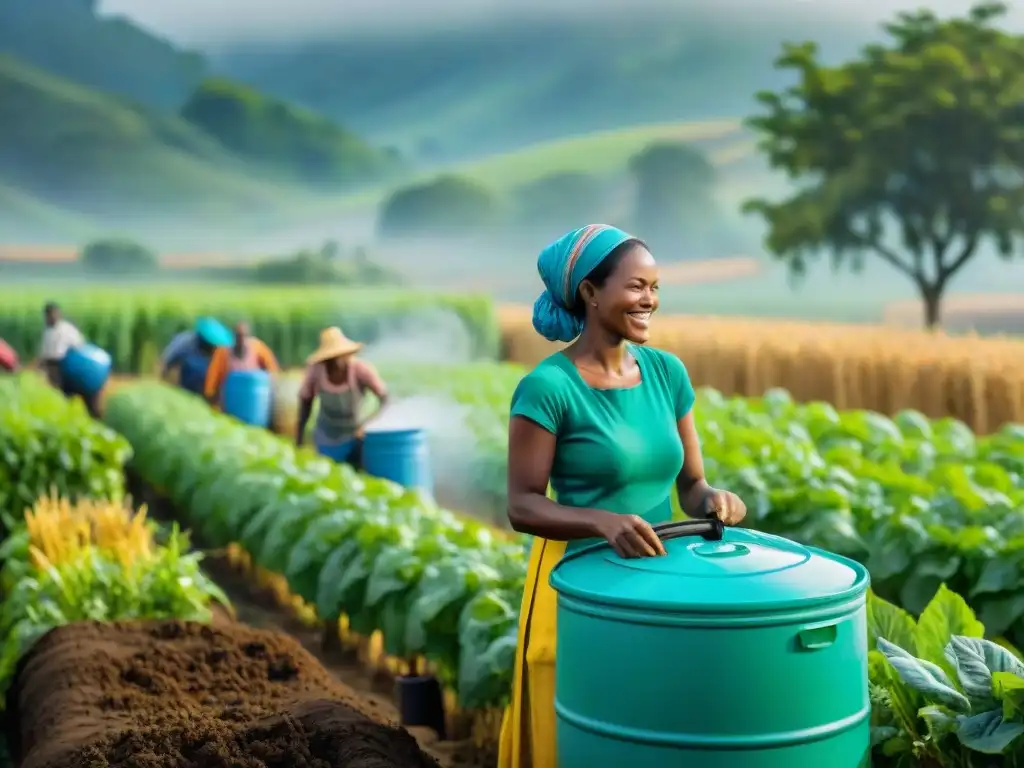 Una imagen vibrante que muestra la rentabilidad de sistemas de recolección de agua lluvia en una comunidad rural, con diversidad y alegría