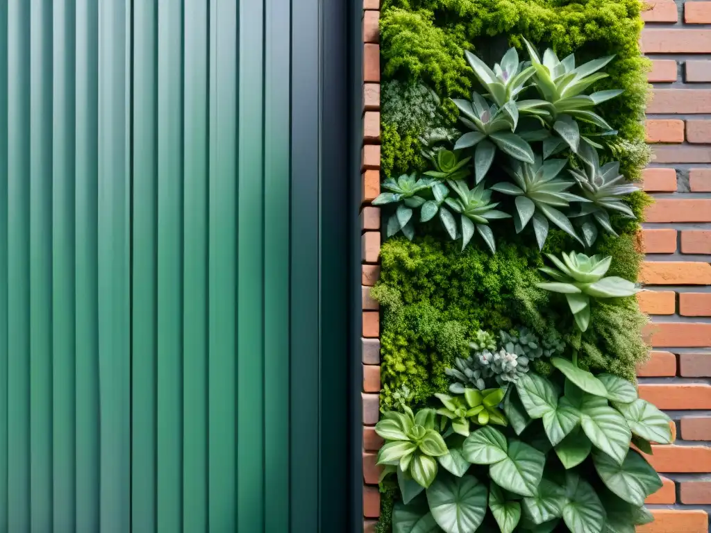 Comparación impactante entre un muro de ladrillo tradicional y un muro verde ecológico cubierto de plantas vibrantes