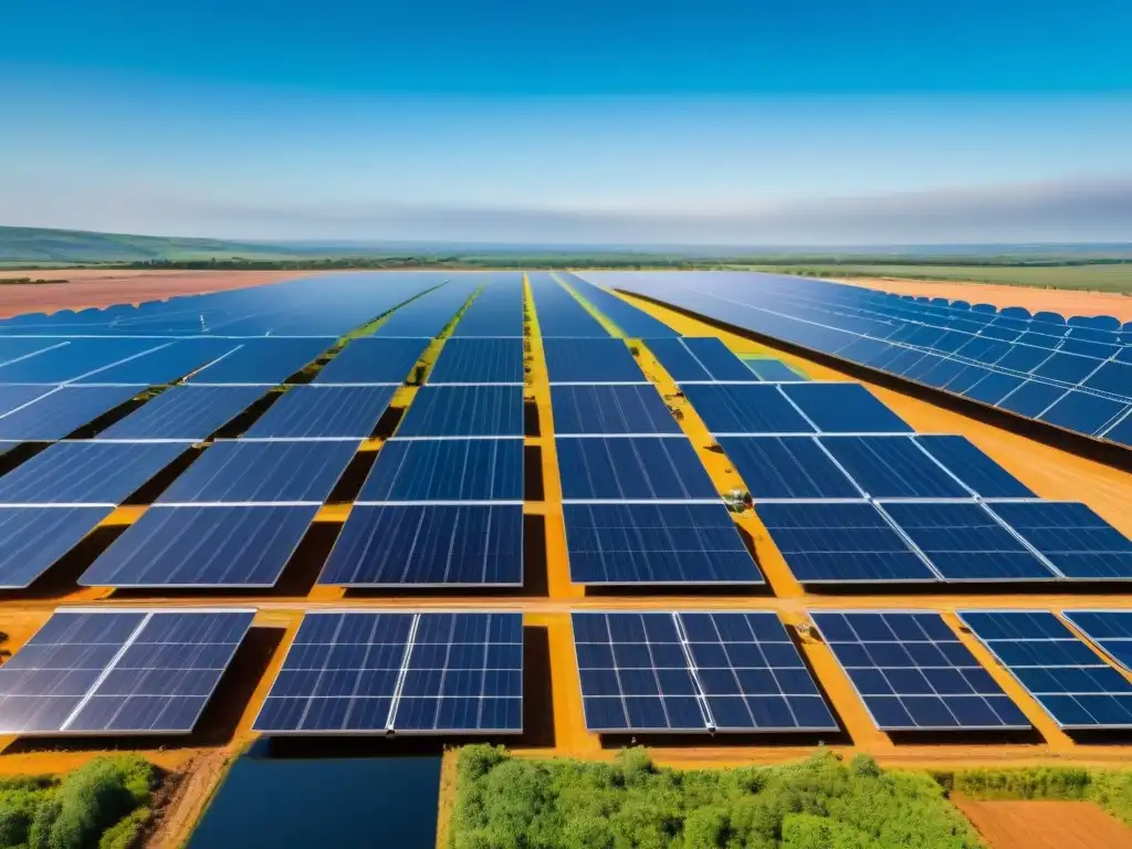 Un impactante paisaje de una extensa granja solar con ingenieros inspeccionando paneles, reflejando innovación y sostenibilidad