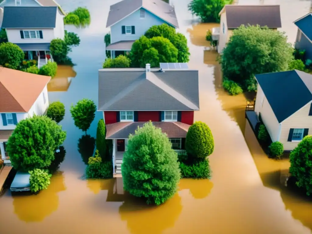 Impacto del cambio climático en la vivienda: Vecindario suburbano inundado, residentes evacuando y equipos de emergencia en acción