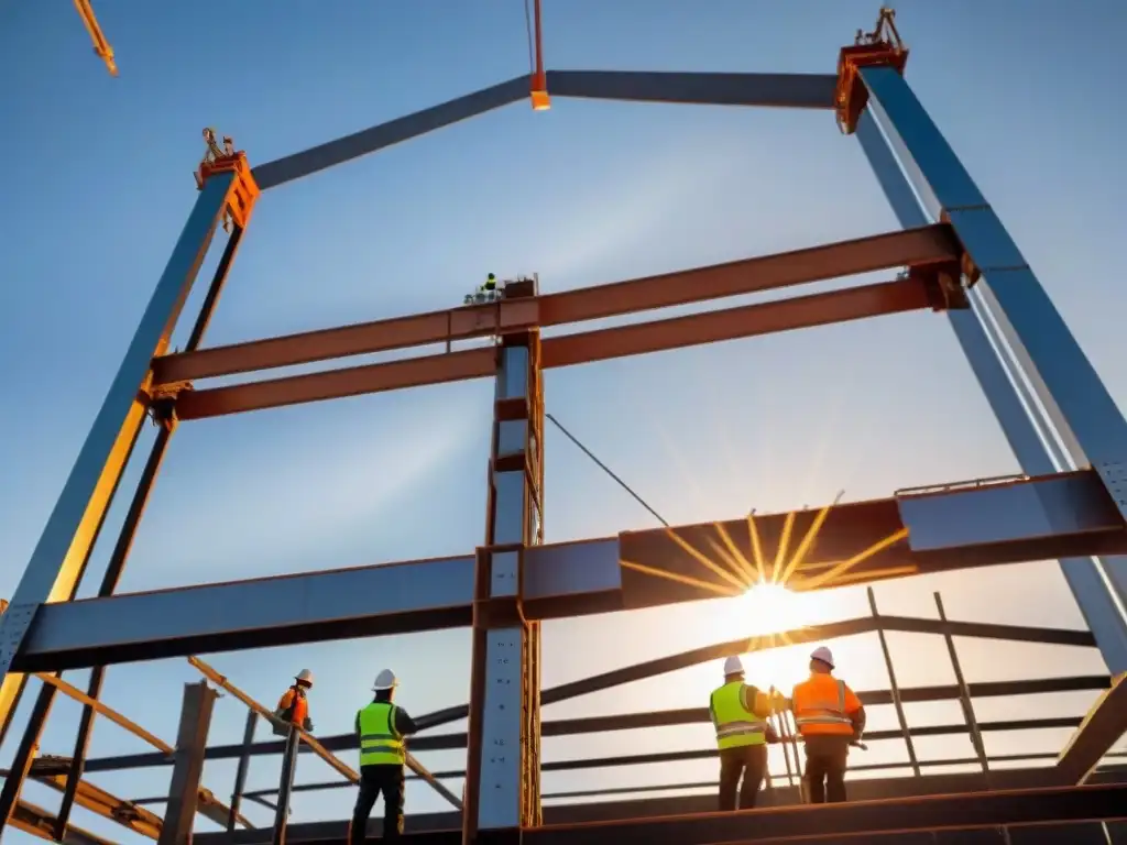 Un imponente rascacielos en construcción al atardecer, con acero reciclado en construcción sostenible