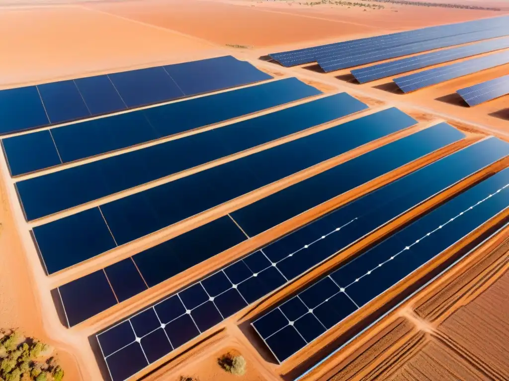Un impresionante campo de energía solar en el desierto, reflejando el sol y creando un impacto positivo en la energía limpia