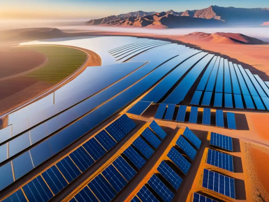 Un impresionante campo solar en el desierto, reflejando la luz del sol, muestra la inversión en energía limpia sostenible