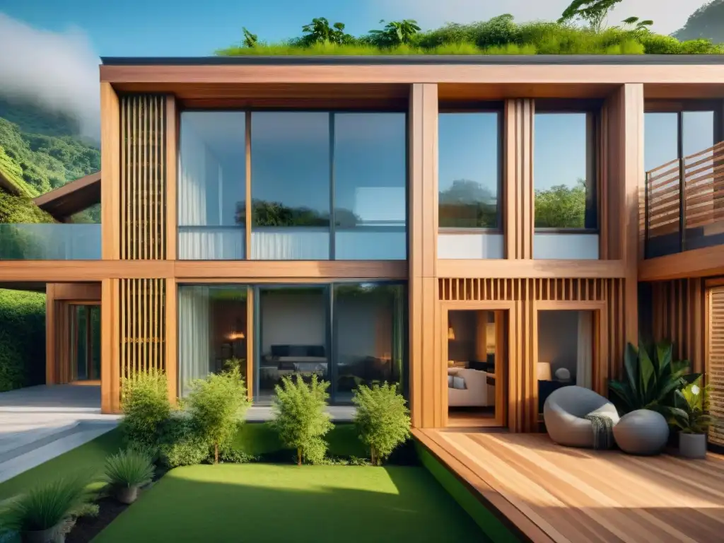 Un impresionante edificio ecológico de madera modificada destaca entre la exuberante vegetación