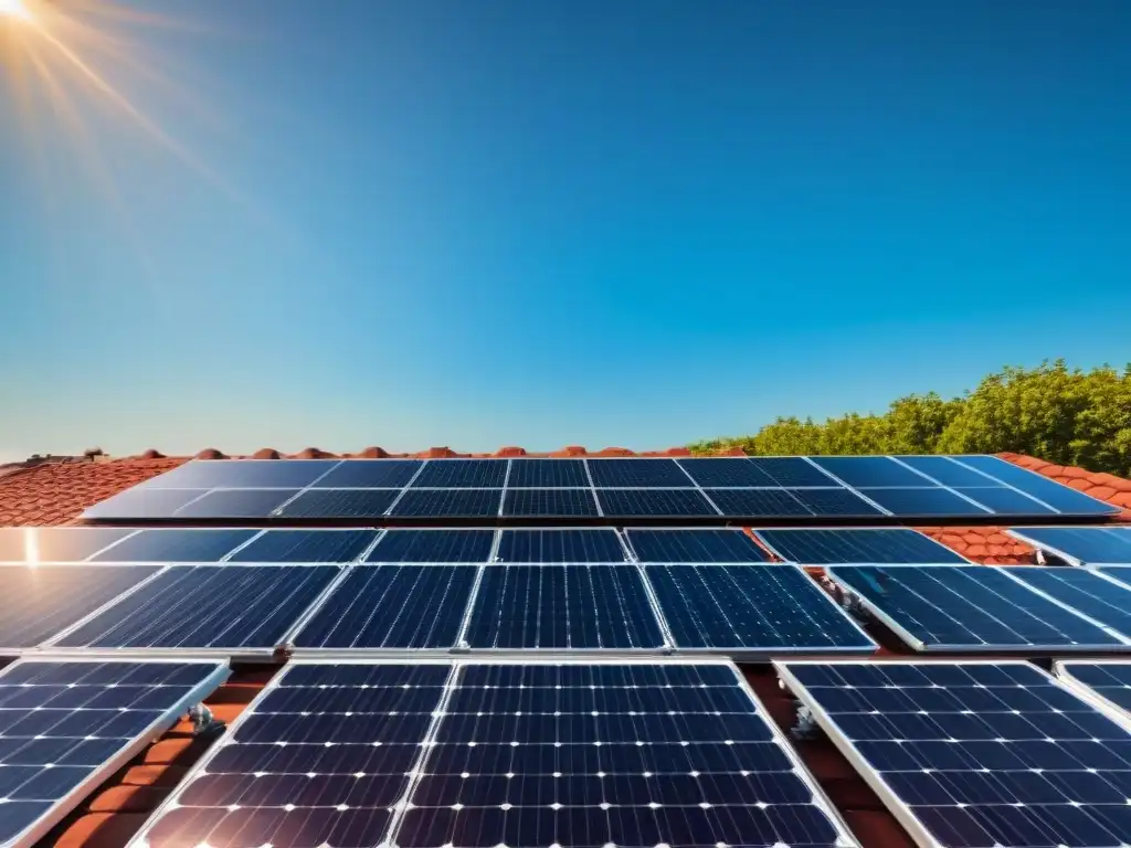 Una impresionante instalación de paneles solares en un tejado residencial, bajo un cielo azul brillante