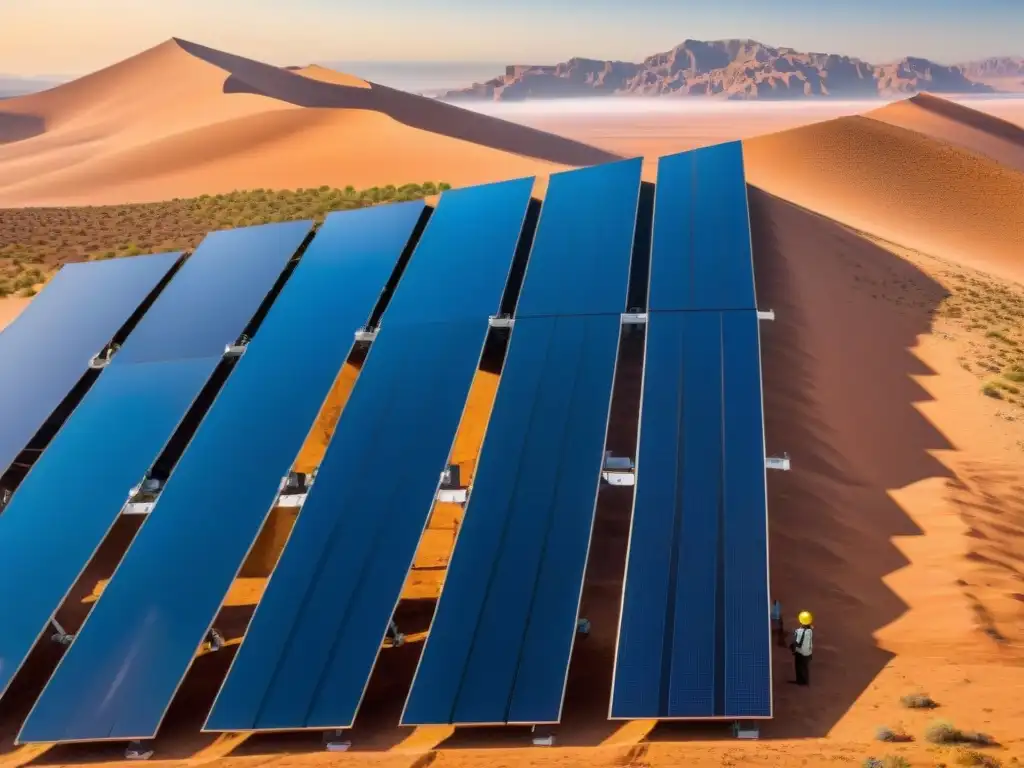 Impresionante paisaje de paneles solares tecnología sostenible en el desierto bajo el cielo azul