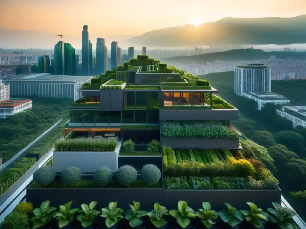 Un impresionante paisaje urbano con edificios verdes para ciudades sostenibles en armonía con la naturaleza al atardecer