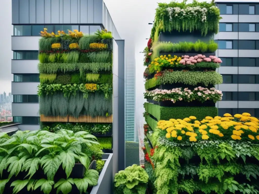 Un impresionante paisaje urbano con huertos verticales en edificios, integrando naturaleza y arquitectura