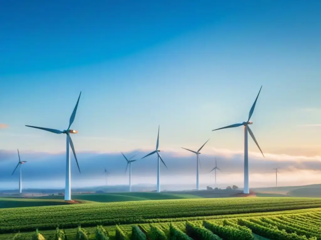 Impresionante parque eólico verde en movimiento bajo el sol, simbolizando el impacto positivo de la energía limpia