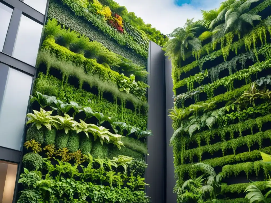 Un impresionante jardín vertical en arquitectura sostenible, con exuberantes plantas verdes en cascada y diseño innovador